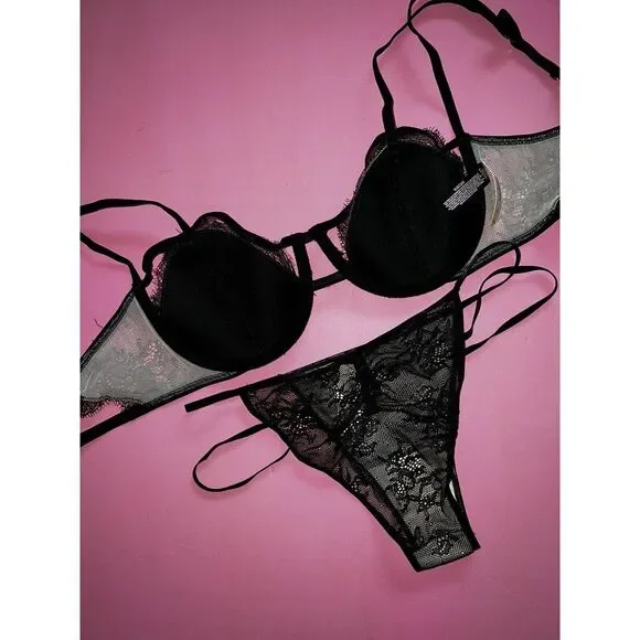 Victoria's Secret strappy 36C BRA SET+M panty+TEDDY one-piece beige black lace